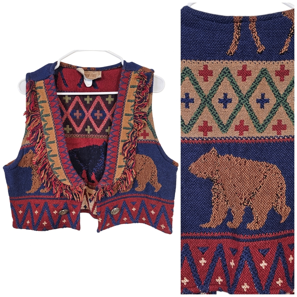 Painted Pony Tapestry Knit Southwestern Bear Country Concho Fringe Vest
